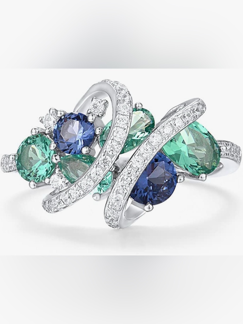 Stunning 925 Silver Aquamarine Sapphire wave Cocktail Ring size 7